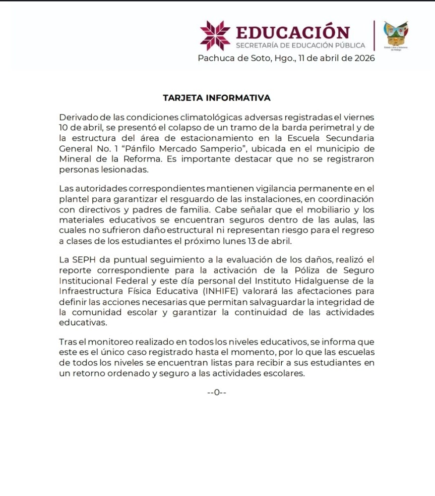 LLUVIAS PROVOCAN COLAPSO EN SECUNDARIA DE MINERAL DE LA REFORMA; NO HAY&nbsp;LESIONADOS